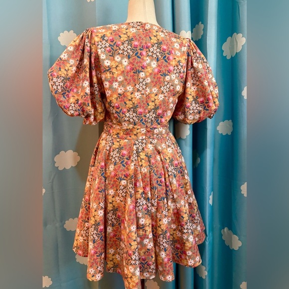 Fate bubble puff sleeve boho floral dress, underbust tie bow- S - Picture 5 of 10
